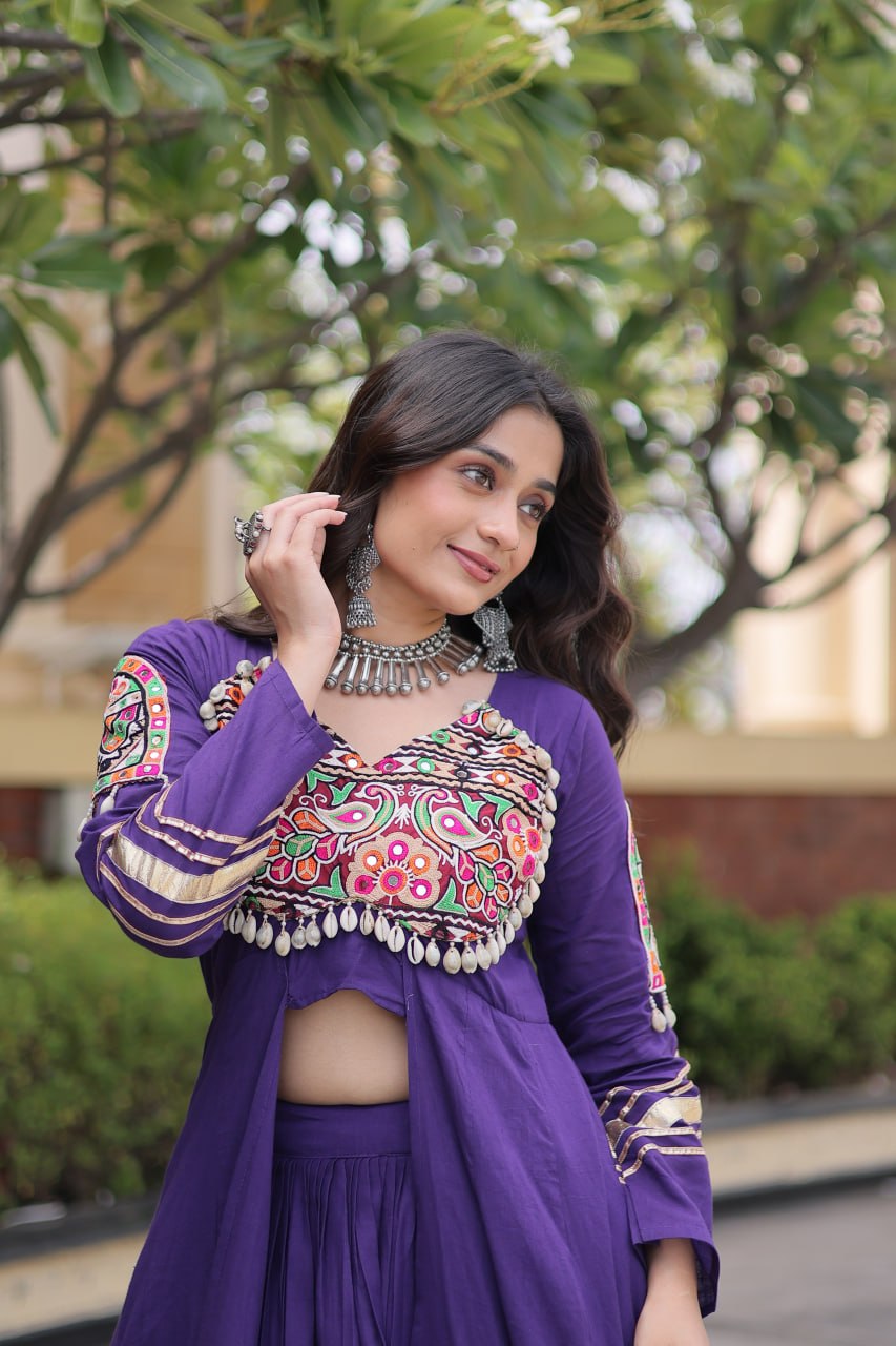 KASHVI PURPLE GAMTHI EMBROIDERED MIRROR WORK NAVRATRI LEHENGA CHOLI