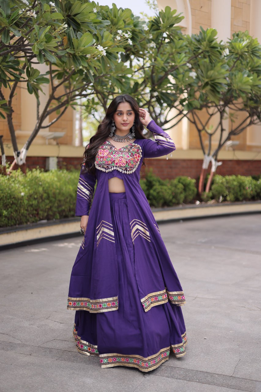 KASHVI PURPLE GAMTHI EMBROIDERED MIRROR WORK NAVRATRI LEHENGA CHOLI