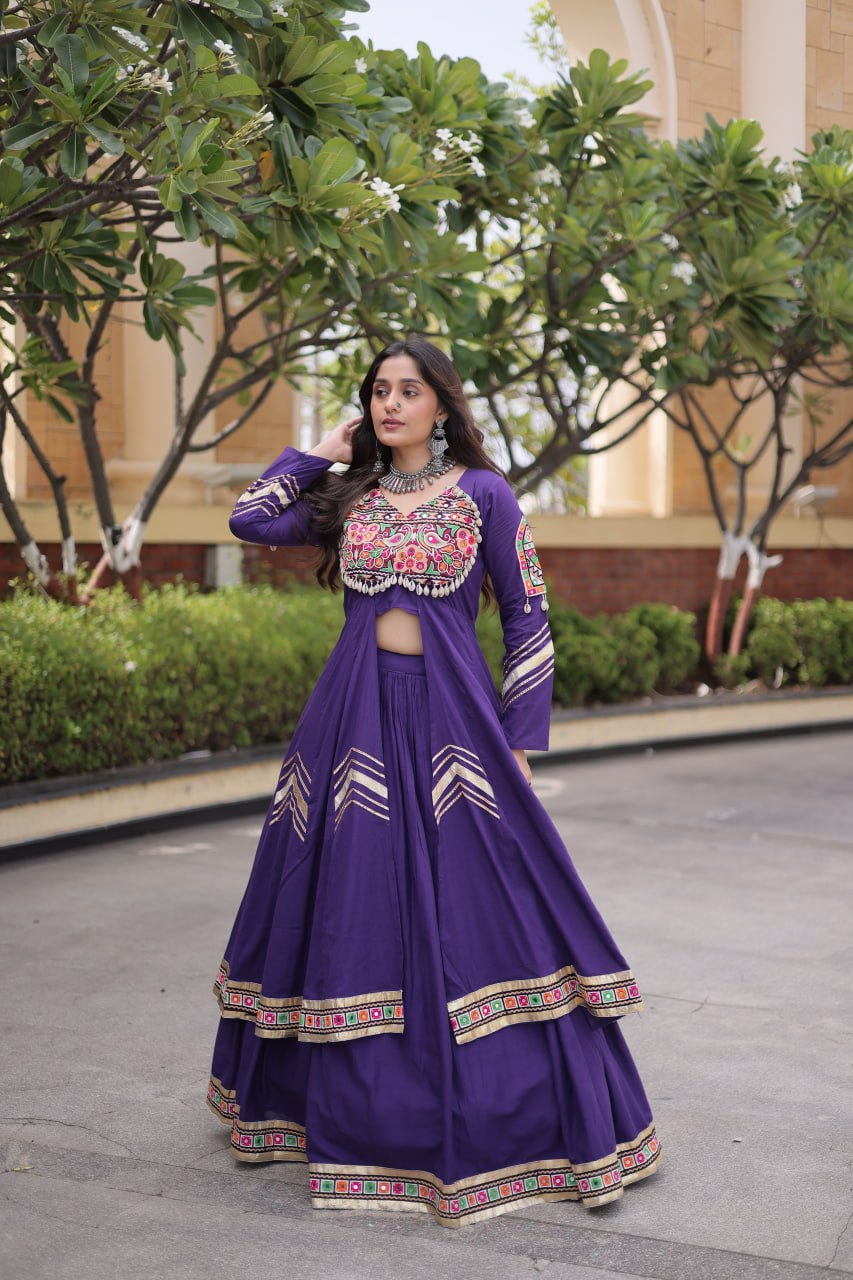 KASHVI PURPLE GAMTHI EMBROIDERED MIRROR WORK NAVRATRI LEHENGA CHOLI
