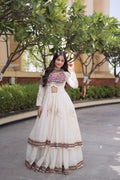 KASHVI WHITE GAMTHI EMBROIDERED MIRROR WORK NAVRATRI LEHENGA CHOLI