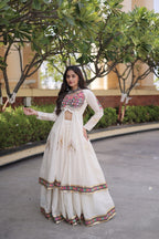 KASHVI WHITE GAMTHI EMBROIDERED MIRROR WORK NAVRATRI LEHENGA CHOLI