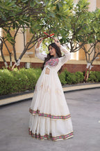 KASHVI WHITE GAMTHI EMBROIDERED MIRROR WORK NAVRATRI LEHENGA CHOLI