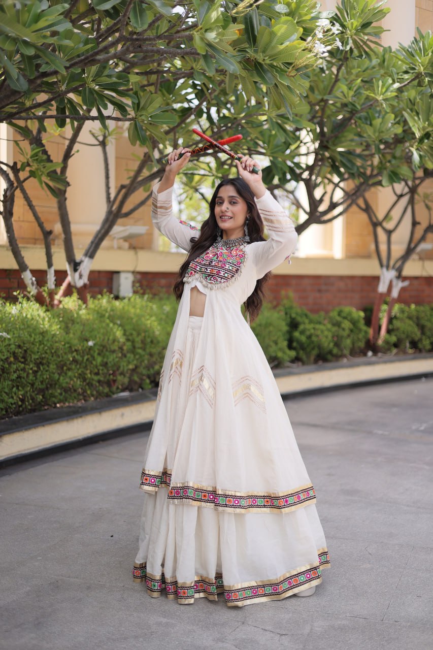 KASHVI WHITE GAMTHI EMBROIDERED MIRROR WORK NAVRATRI LEHENGA CHOLI
