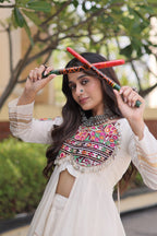 KASHVI WHITE GAMTHI EMBROIDERED MIRROR WORK NAVRATRI LEHENGA CHOLI