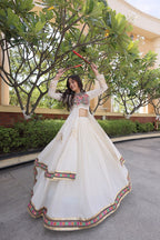 KASHVI WHITE GAMTHI EMBROIDERED MIRROR WORK NAVRATRI LEHENGA CHOLI