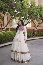 KASHVI WHITE GAMTHI EMBROIDERED MIRROR WORK NAVRATRI LEHENGA CHOLI