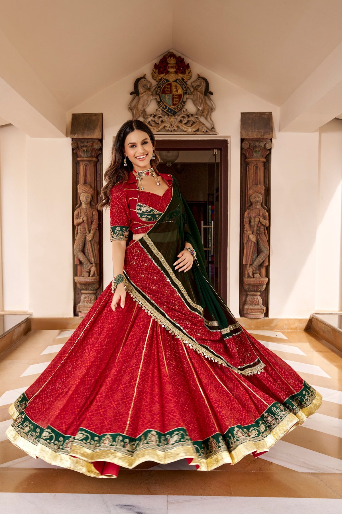 ROYAL RED & EMERALD GREEN BANDHEJ FOIL PRINT GOTA PATTI LEHENGA CHOLI