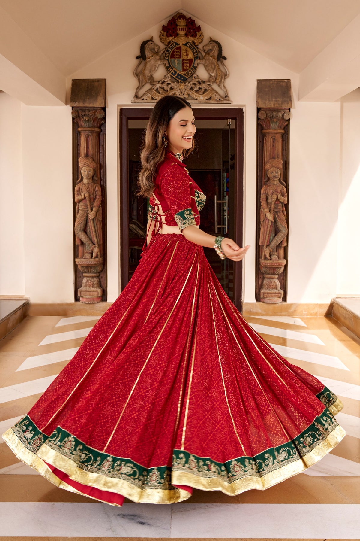 ROYAL RED & EMERALD GREEN BANDHEJ FOIL PRINT GOTA PATTI LEHENGA CHOLI