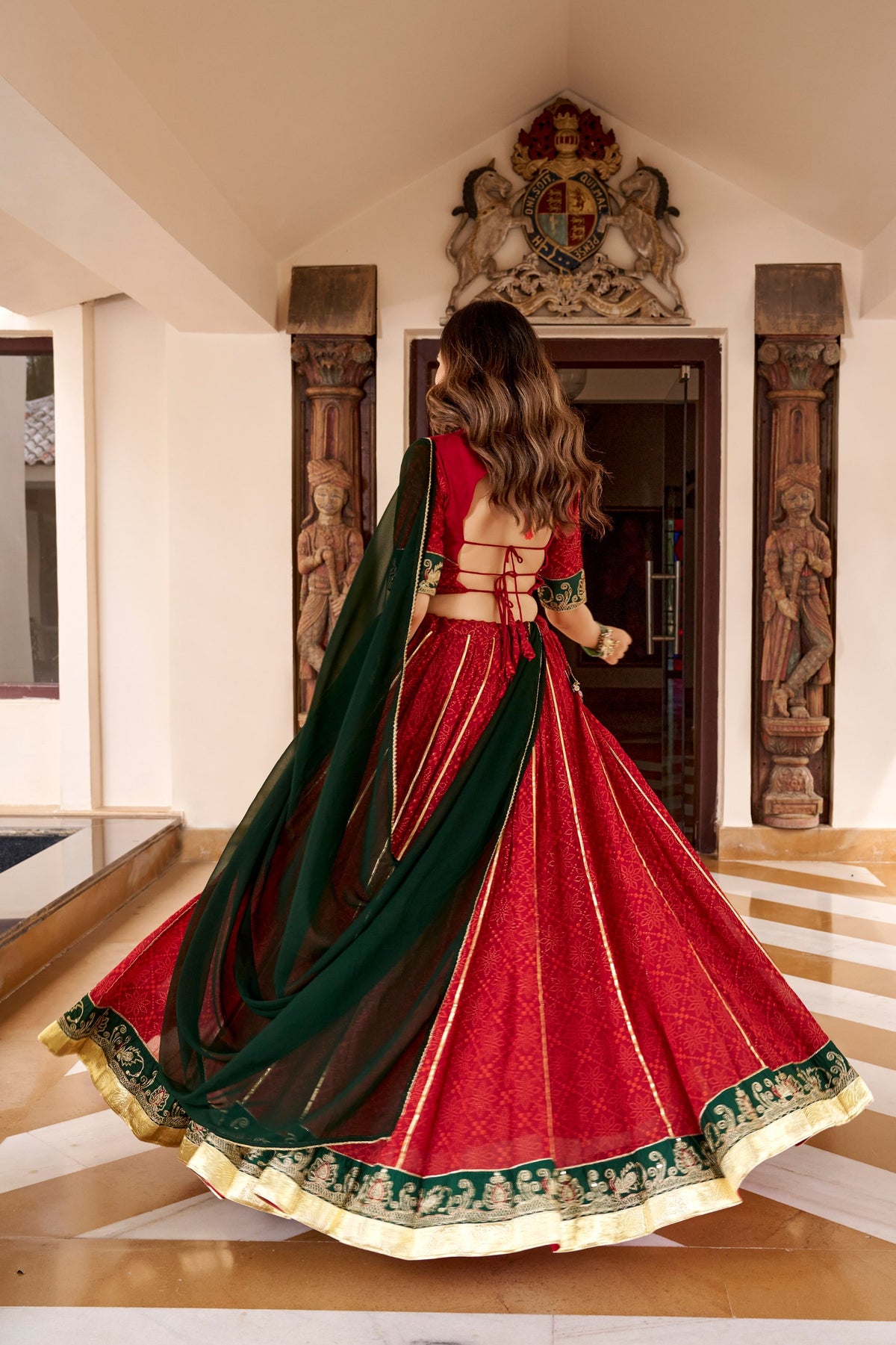 ROYAL RED & EMERALD GREEN BANDHEJ FOIL PRINT GOTA PATTI LEHENGA CHOLI