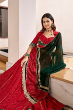 ROYAL RED & EMERALD GREEN BANDHEJ FOIL PRINT GOTA PATTI LEHENGA CHOLI