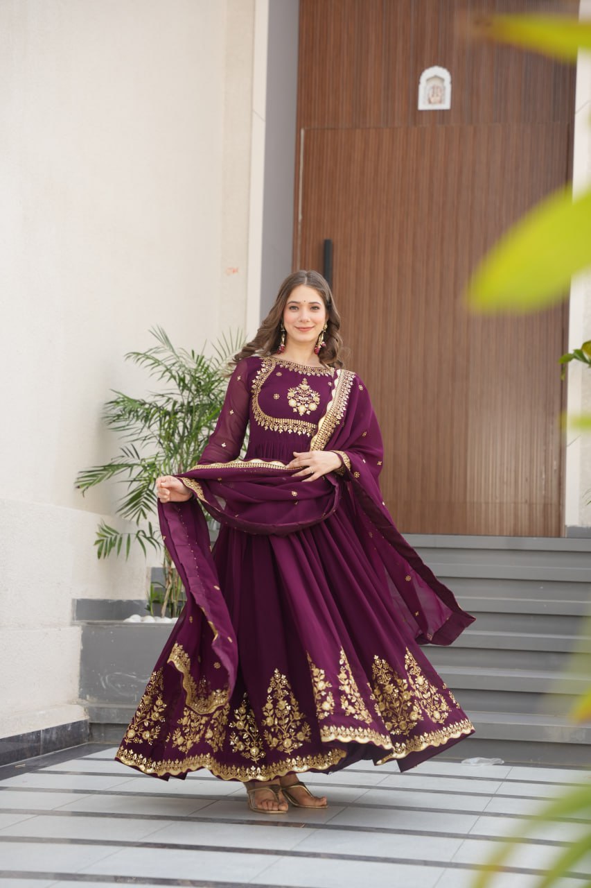 WINE COLOR GEORGETTE BASE EMBROIDERED GOWN