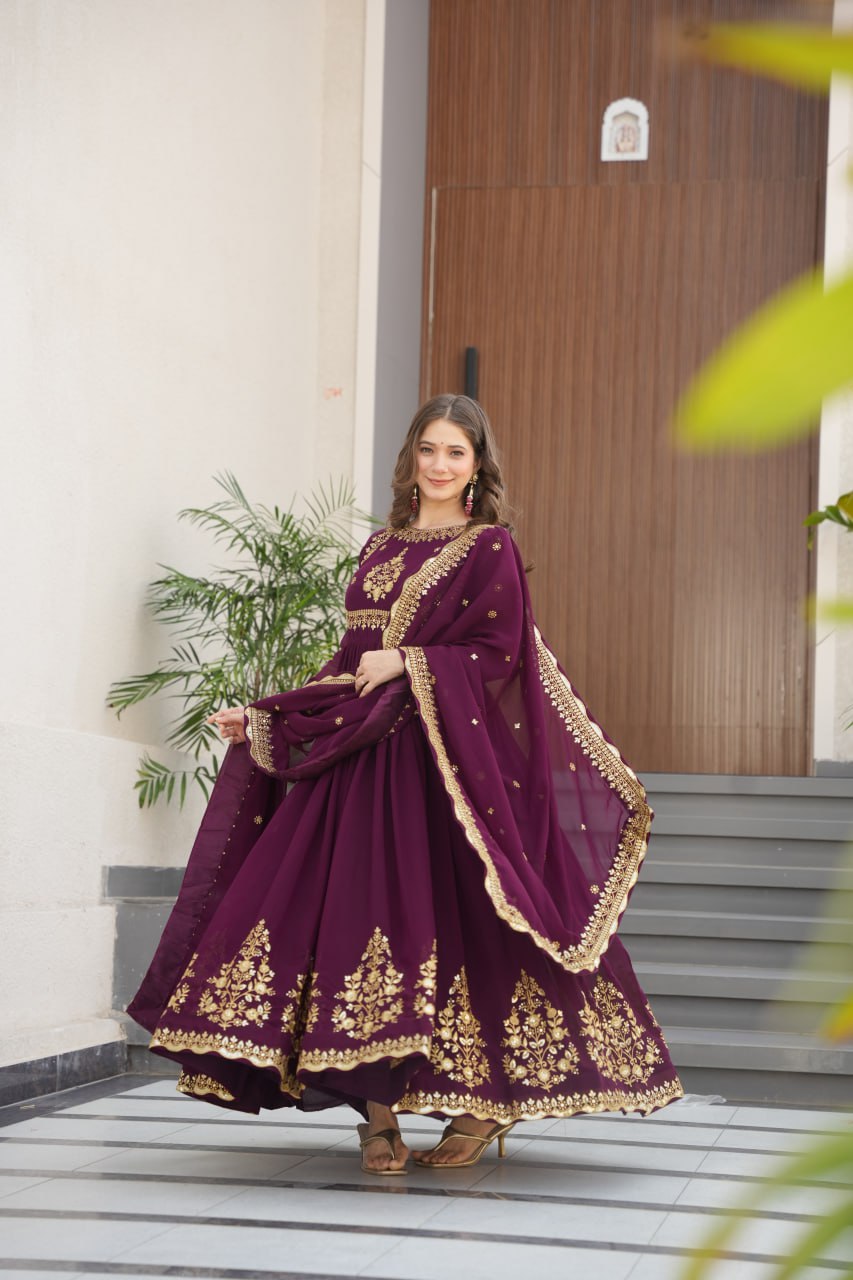 WINE COLOR GEORGETTE BASE EMBROIDERED GOWN