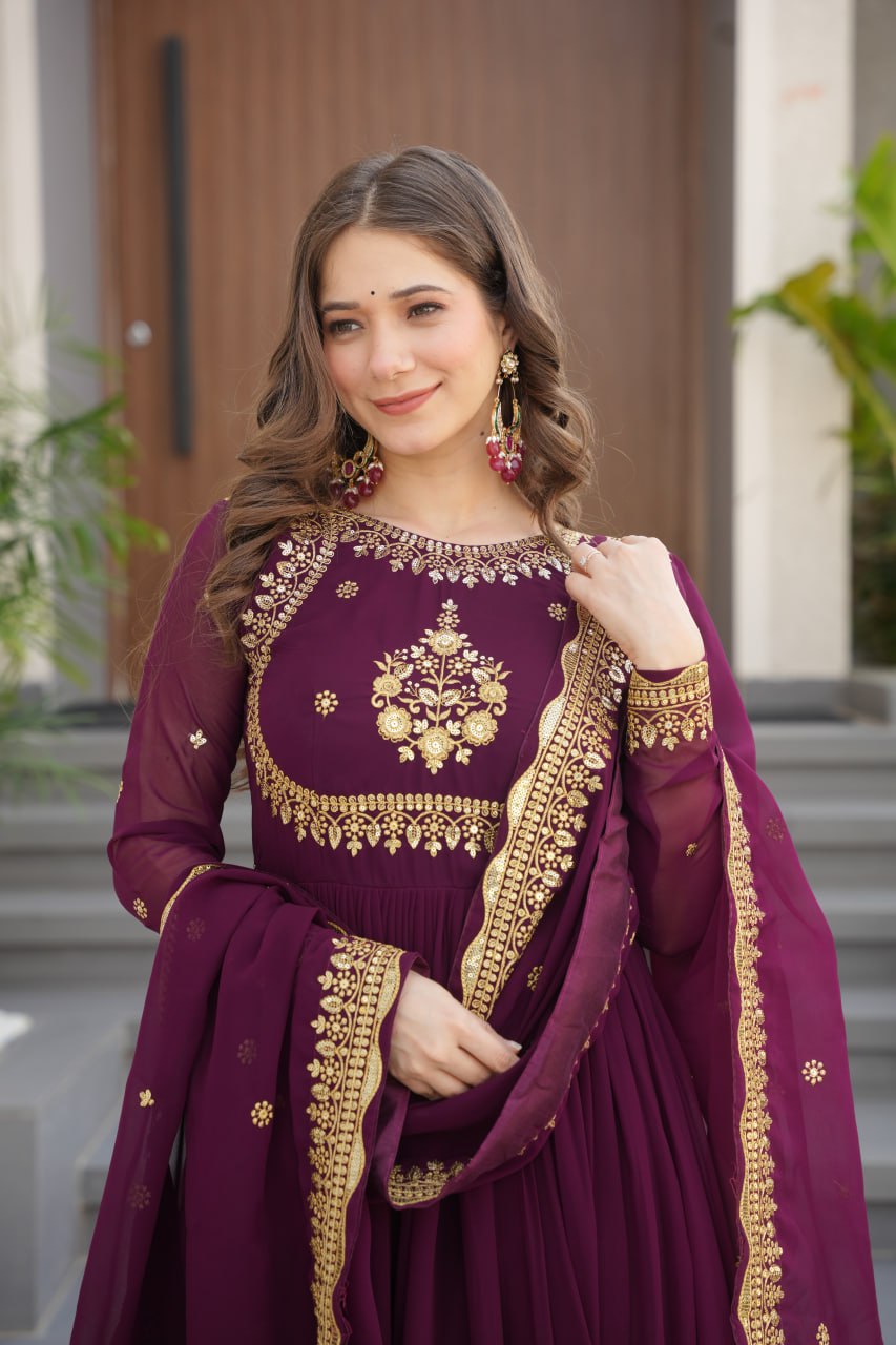 WINE COLOR GEORGETTE BASE EMBROIDERED GOWN