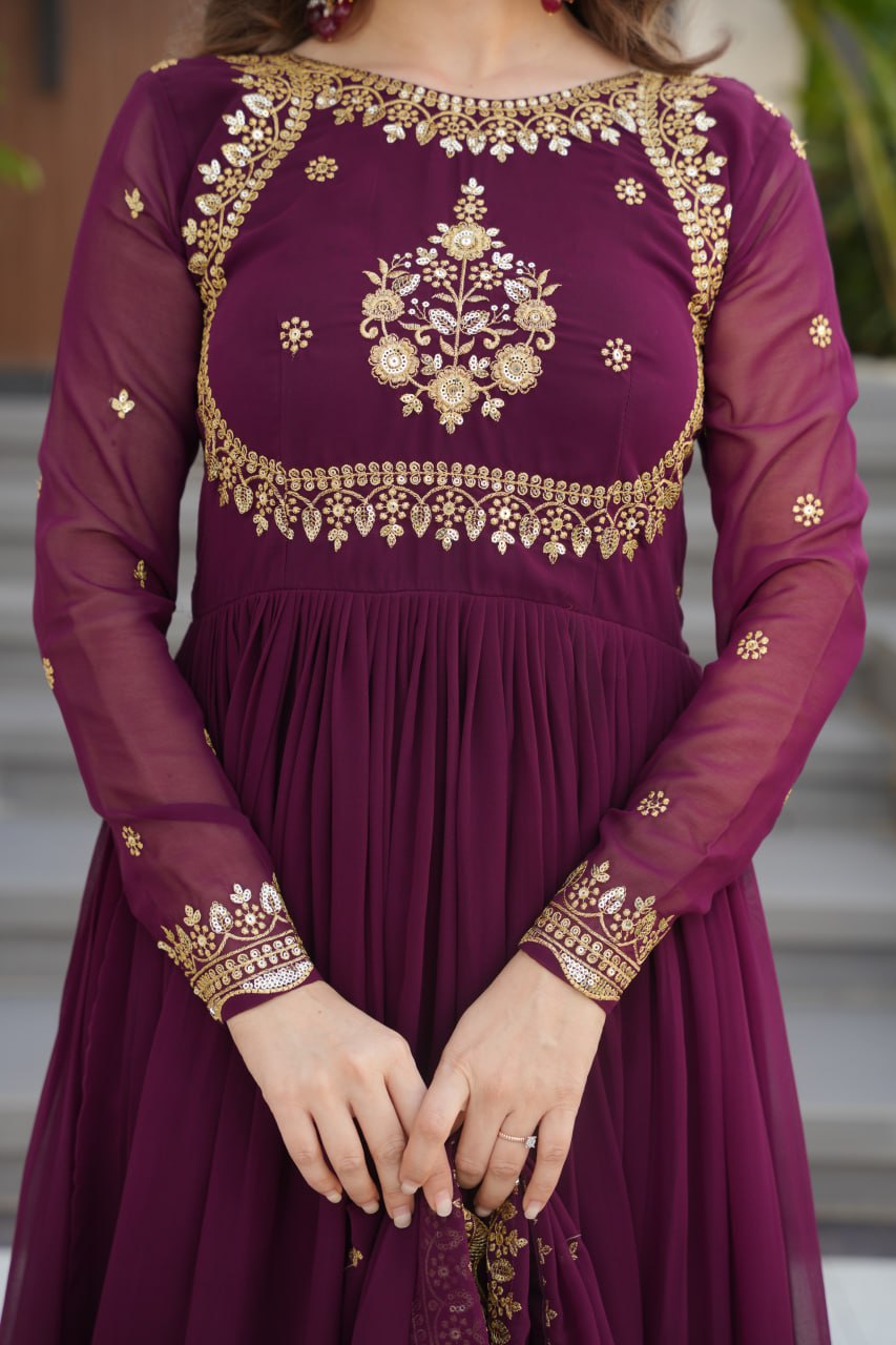 WINE COLOR GEORGETTE BASE EMBROIDERED GOWN