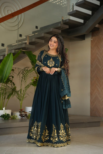 TEAL BLUE COLOR GEORGETTE BASE EMBROIDERED GOWN