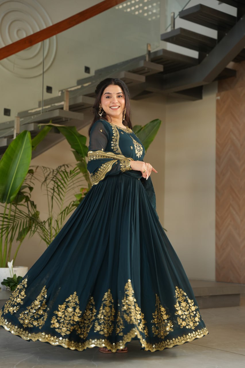 TEAL BLUE COLOR GEORGETTE BASE EMBROIDERED GOWN