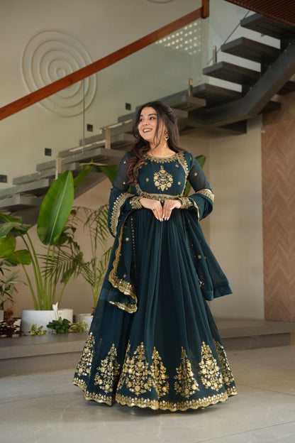 TEAL BLUE COLOR GEORGETTE BASE EMBROIDERED GOWN