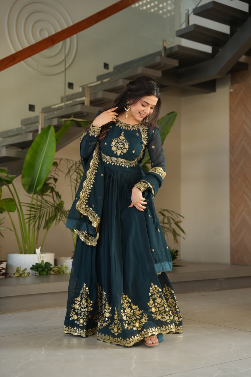 TEAL BLUE COLOR GEORGETTE BASE EMBROIDERED GOWN