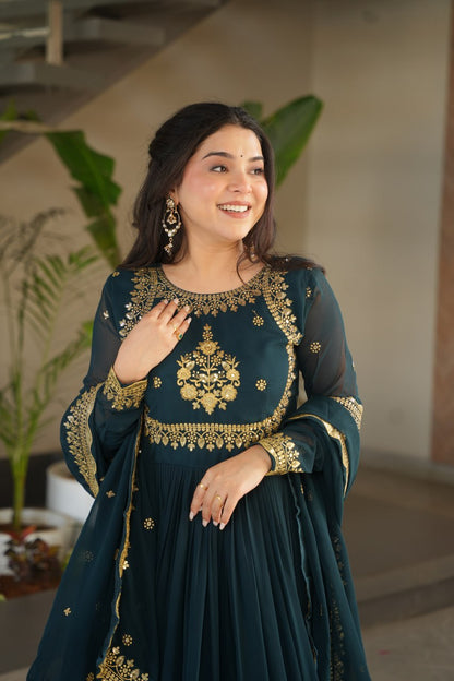 TEAL BLUE COLOR GEORGETTE BASE EMBROIDERED GOWN
