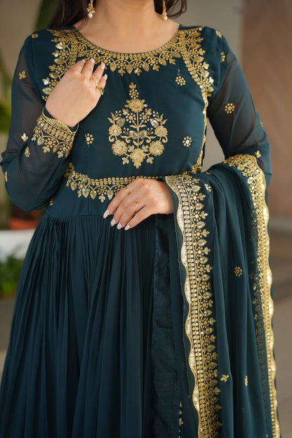 TEAL BLUE COLOR GEORGETTE BASE EMBROIDERED GOWN