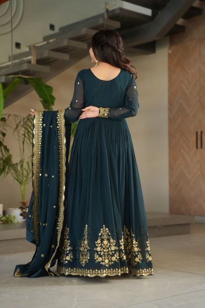 TEAL BLUE COLOR GEORGETTE BASE EMBROIDERED GOWN