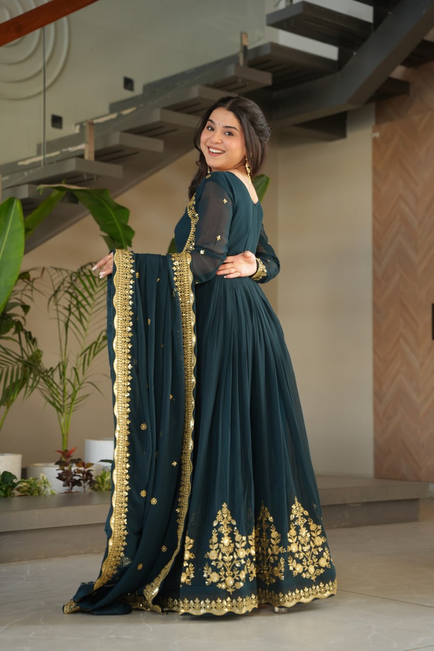 TEAL BLUE COLOR GEORGETTE BASE EMBROIDERED GOWN