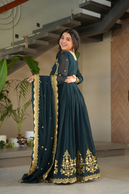 TEAL BLUE COLOR GEORGETTE BASE EMBROIDERED GOWN
