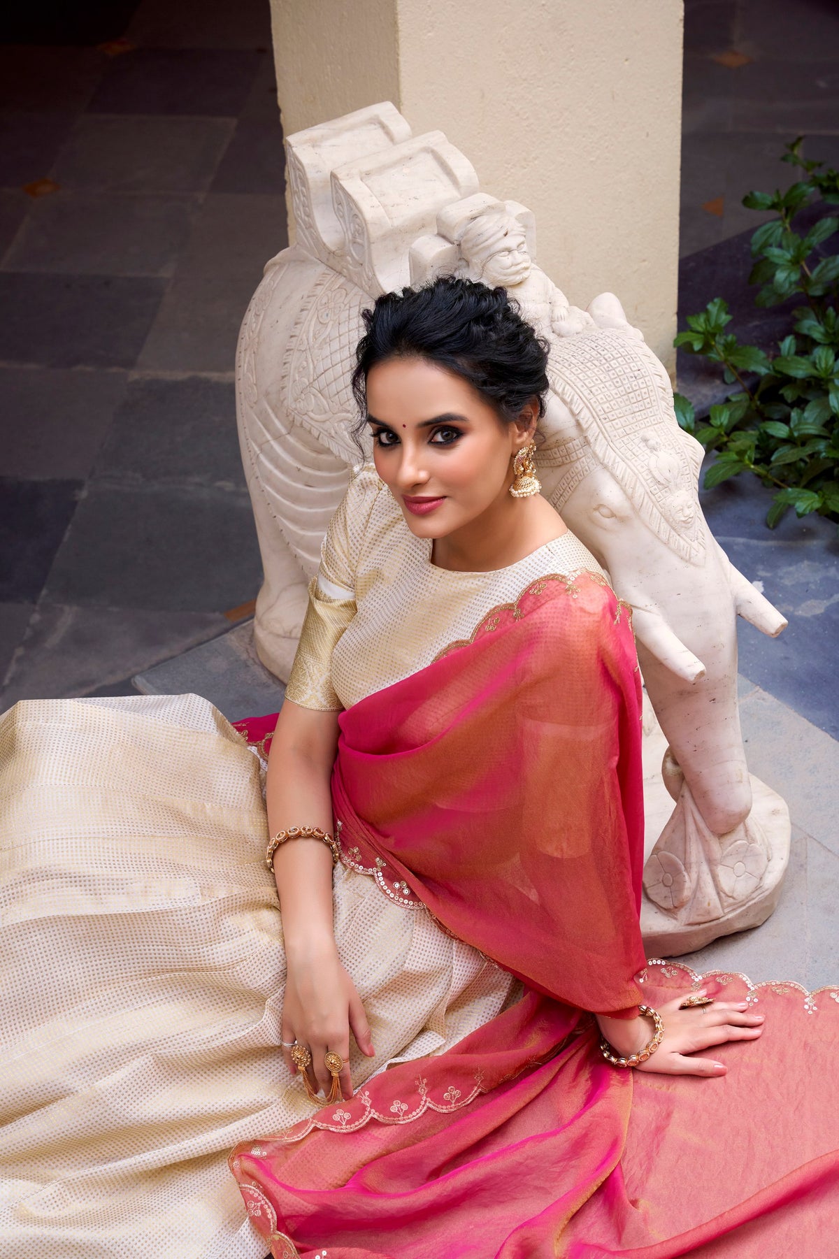 REGAL IVORY & CRIMSON PINK CUTWORK SILK HALF SAREE