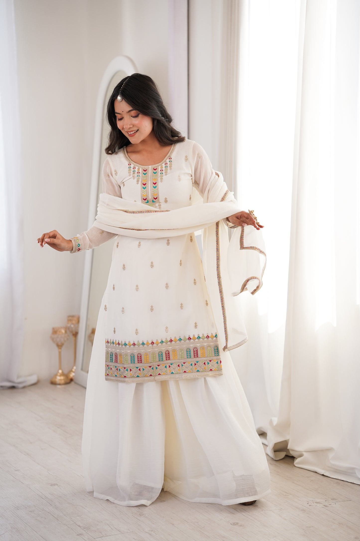 WHITE COLOR CRUNCHY SILK EMBROIDERED PLAZZO SUIT