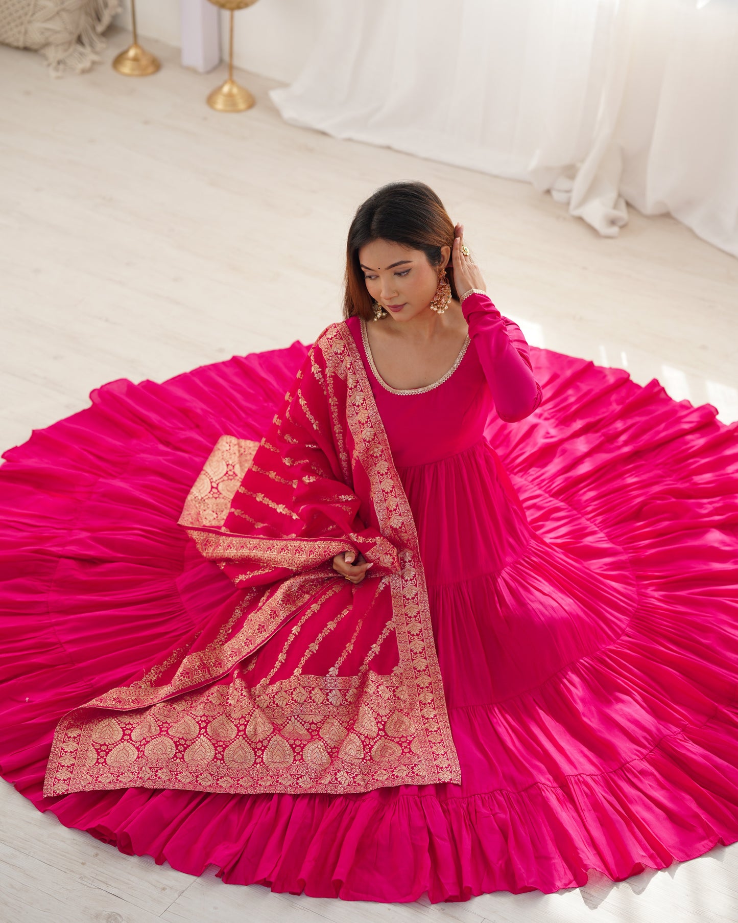 RANI PINK COLOR PURE ROMAN SILK RUFFLE STYLE ANARKALI SUIT SET OF 3