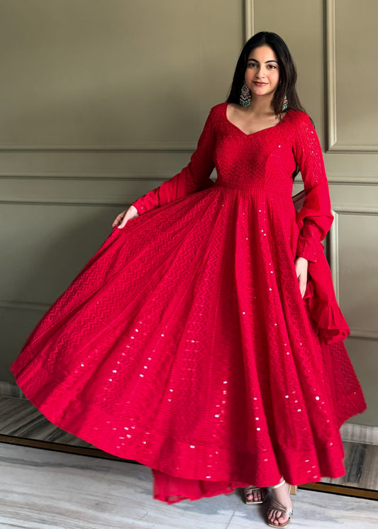 REGAL RED PARTYWEAR LUCKNOWI ANARKALI GOWN SET