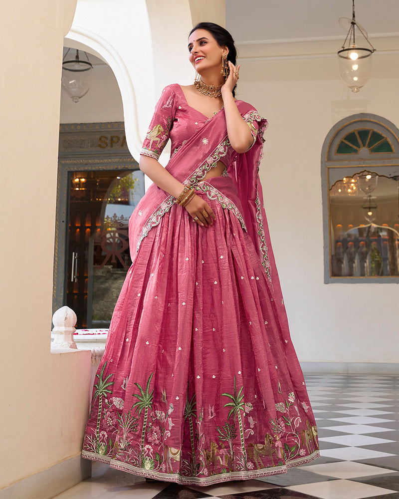PINK BLOOM EMBROIDERED GOLD CRUSH LEHENGA CHOLI
