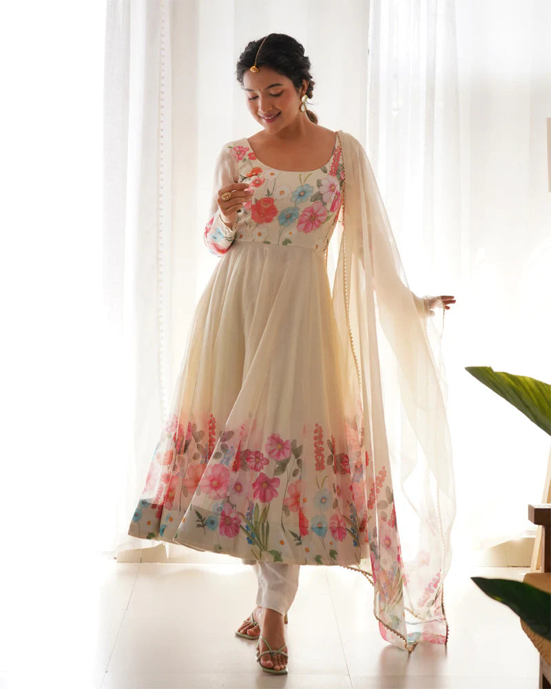 OFF WHITE FLORAL PRINT ORGANZA THREE PIECE ANARKALI SUIT
