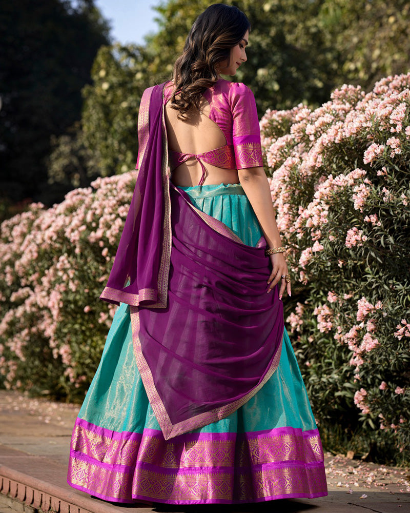 SKY BLUE KANCHIPURAM SILK DESIGNER HALF SAREE