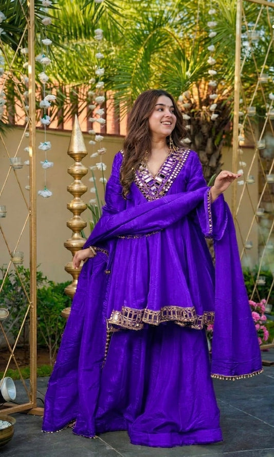 PURPLE COLOR CHINON SILK BASE SHARARA SET