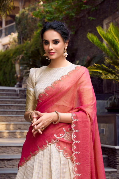 REGAL IVORY & CRIMSON PINK CUTWORK SILK HALF SAREE