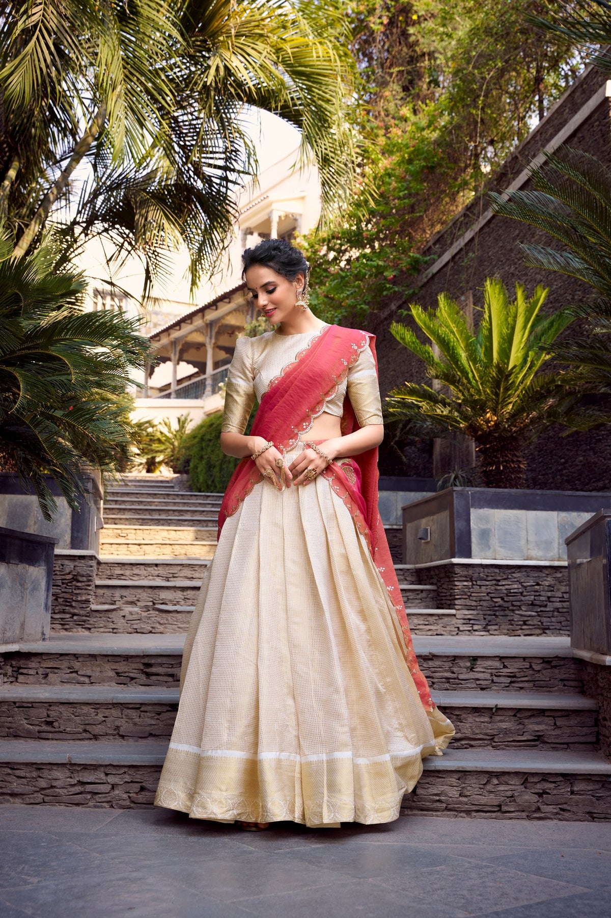 REGAL IVORY & CRIMSON PINK CUTWORK SILK HALF SAREE