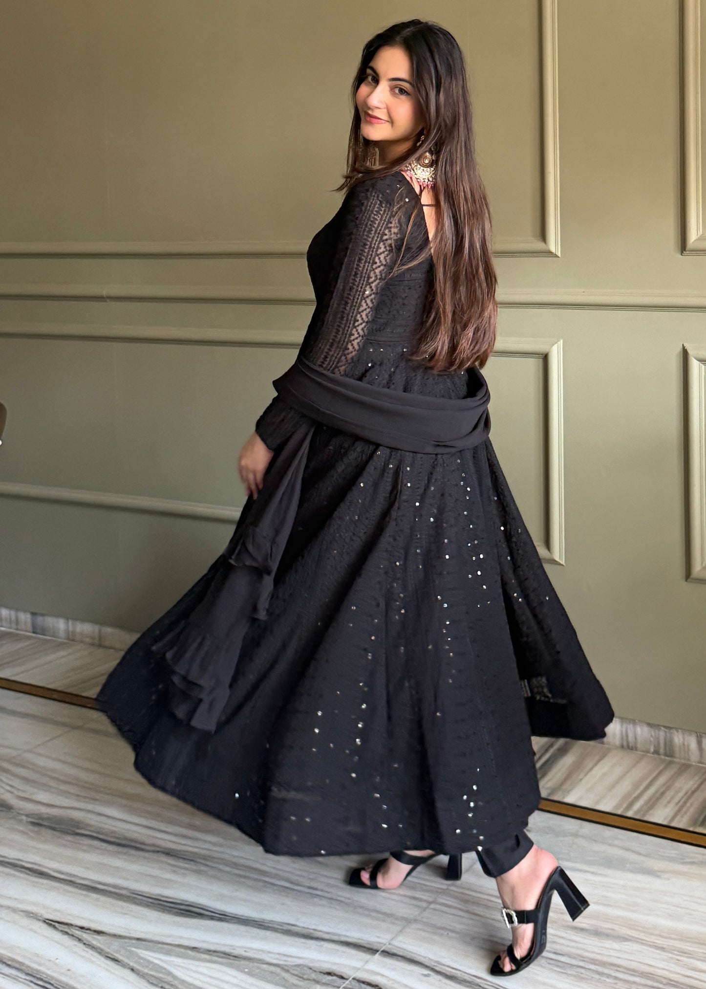 ROYAL BLACK LUCKNOWI GEORGETTE ANARKALI GOWN SET