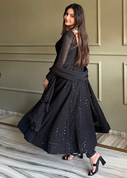 ROYAL BLACK LUCKNOWI GEORGETTE ANARKALI GOWN SET