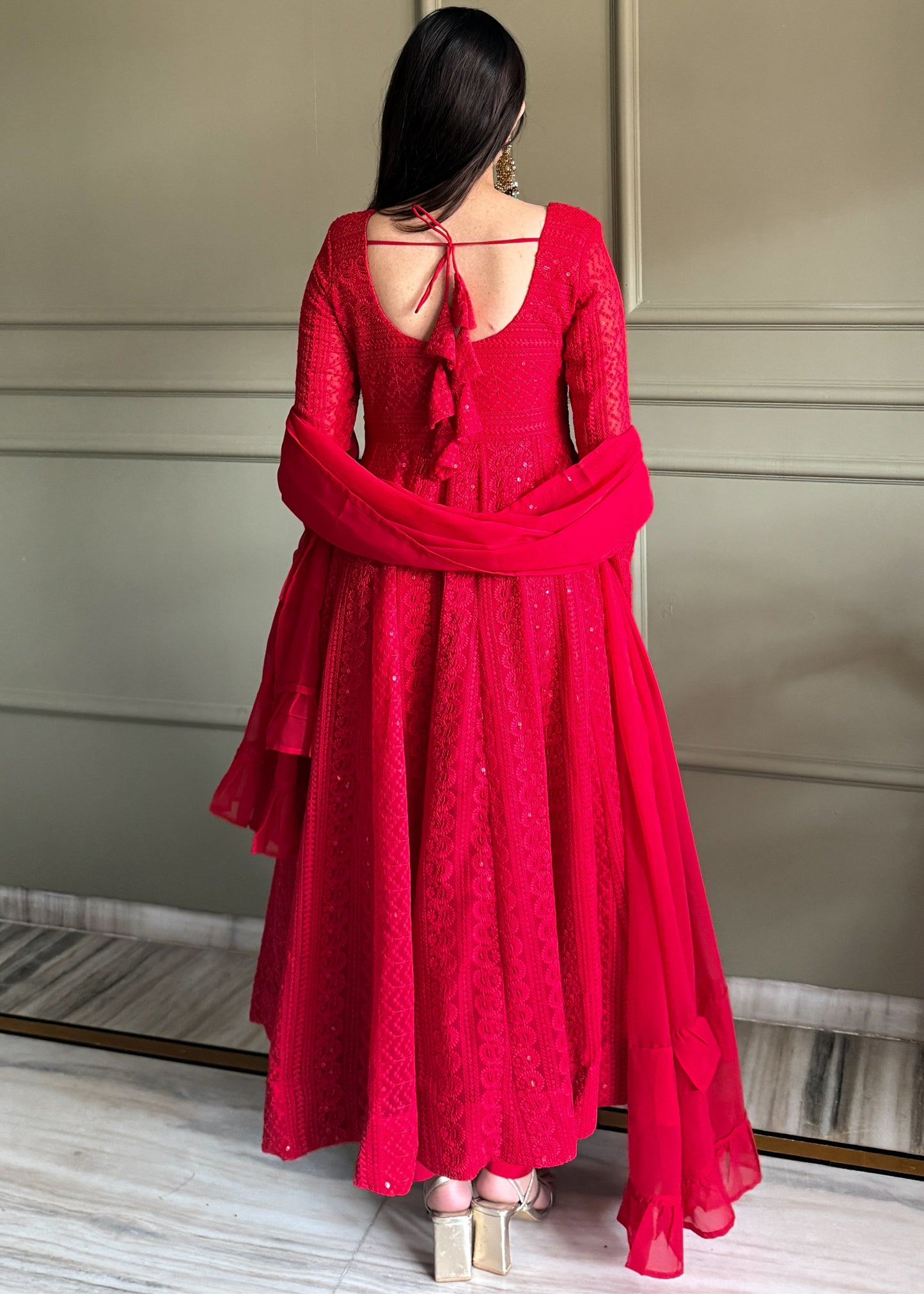 REGAL RED PARTYWEAR LUCKNOWI ANARKALI GOWN SET