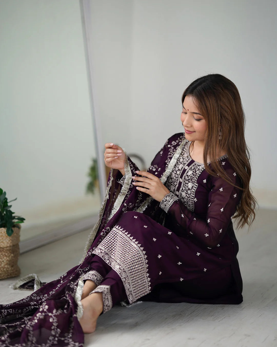 WINE COLOR RANGOLI SILK THREE PIECE KURTI SUIT