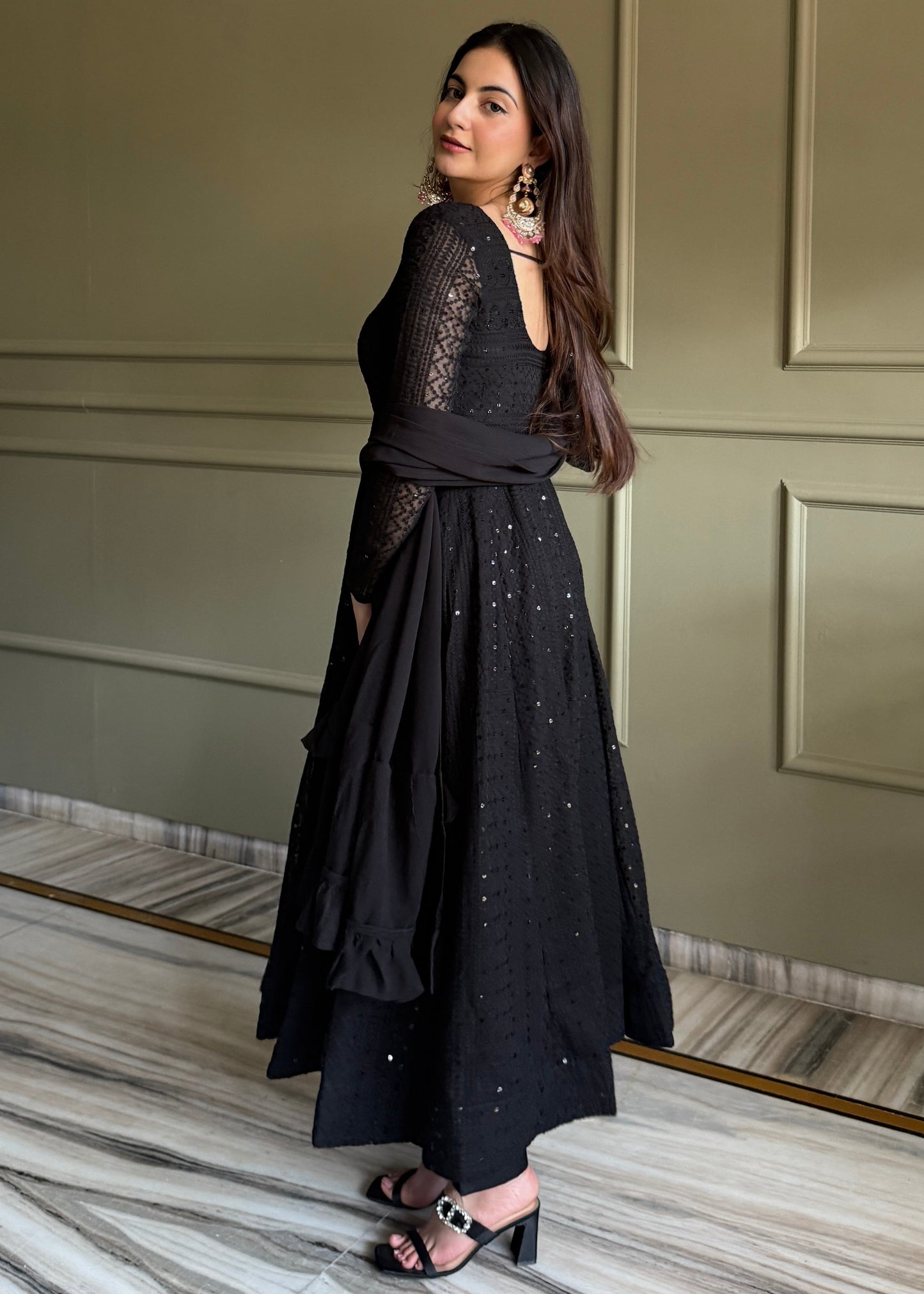 ROYAL BLACK LUCKNOWI GEORGETTE ANARKALI GOWN SET