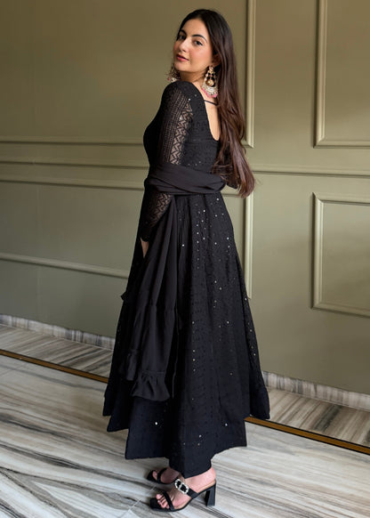 ROYAL BLACK LUCKNOWI GEORGETTE ANARKALI GOWN SET
