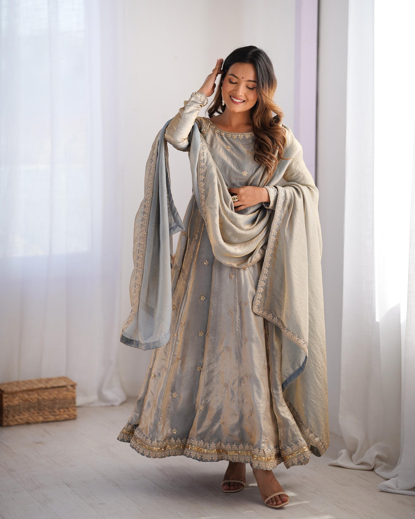 GRAY COLOR FANDY SILK BASE EMBROIDERED ANARKALI SUIT SET OF 3