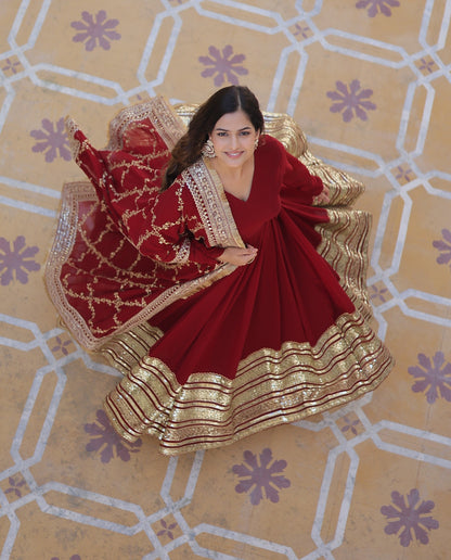 DESIGNER MAROON COLOR BLOOMING SEQUENCE EMBROIDERY WORK GOWN