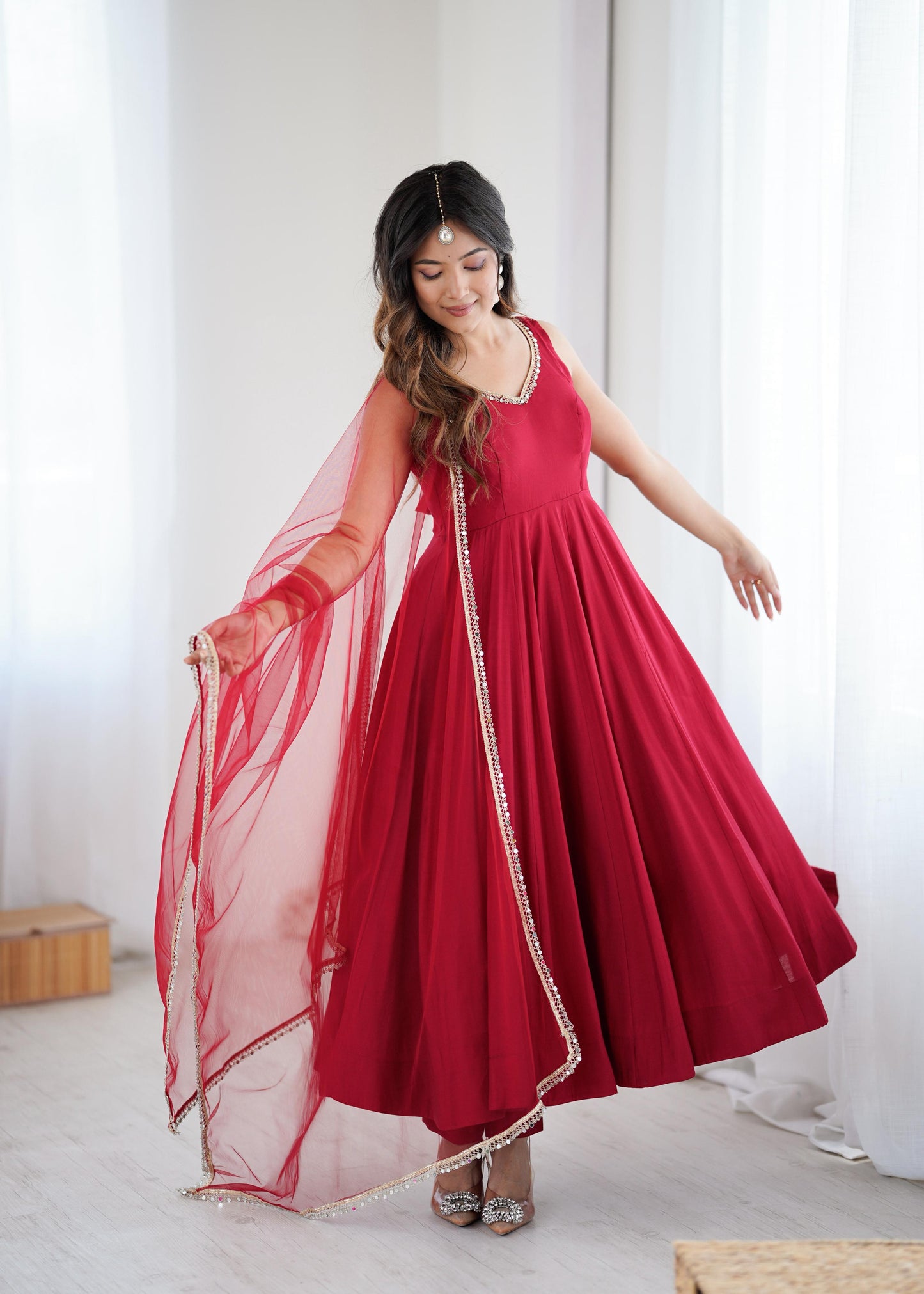 MAROON COLOR PURE ROMANSILK CHANDERI FABRIC BASE FULLY FLAIR ANARKALI SUIT SET OF 3