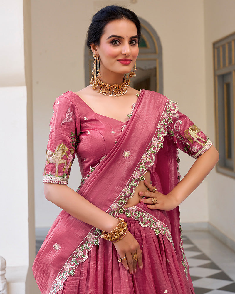PINK BLOOM EMBROIDERED GOLD CRUSH LEHENGA CHOLI