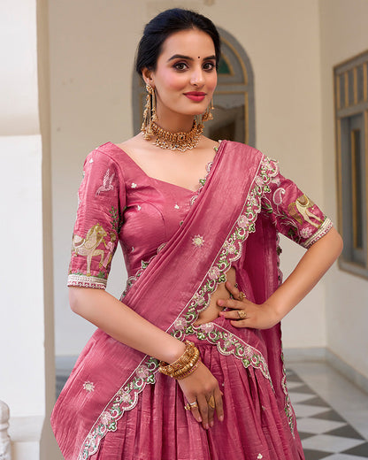 PINK BLOOM EMBROIDERED GOLD CRUSH LEHENGA CHOLI