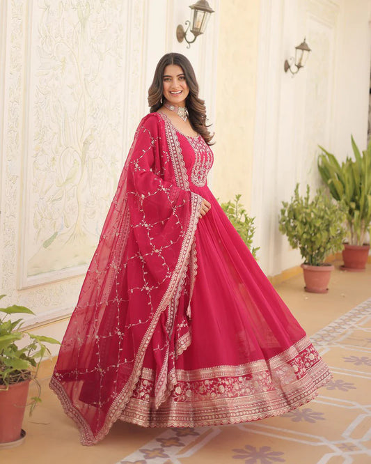 PINK COLOR FAUX BLOOMING RICH SEQUENCE EMBROIDERED GOWN