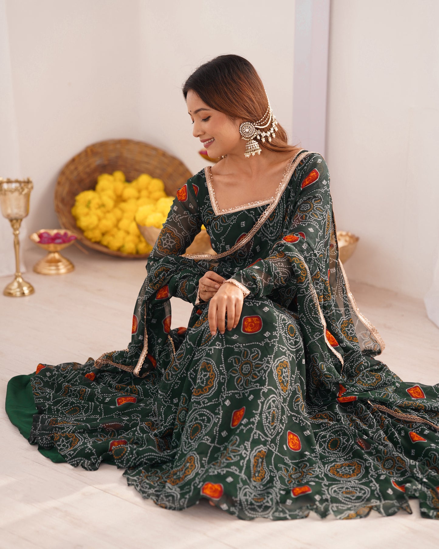 GREEN COLOR BANDHEJ PRINT SOFT CHIFFON ANARKALI SUIT SET OF 3
